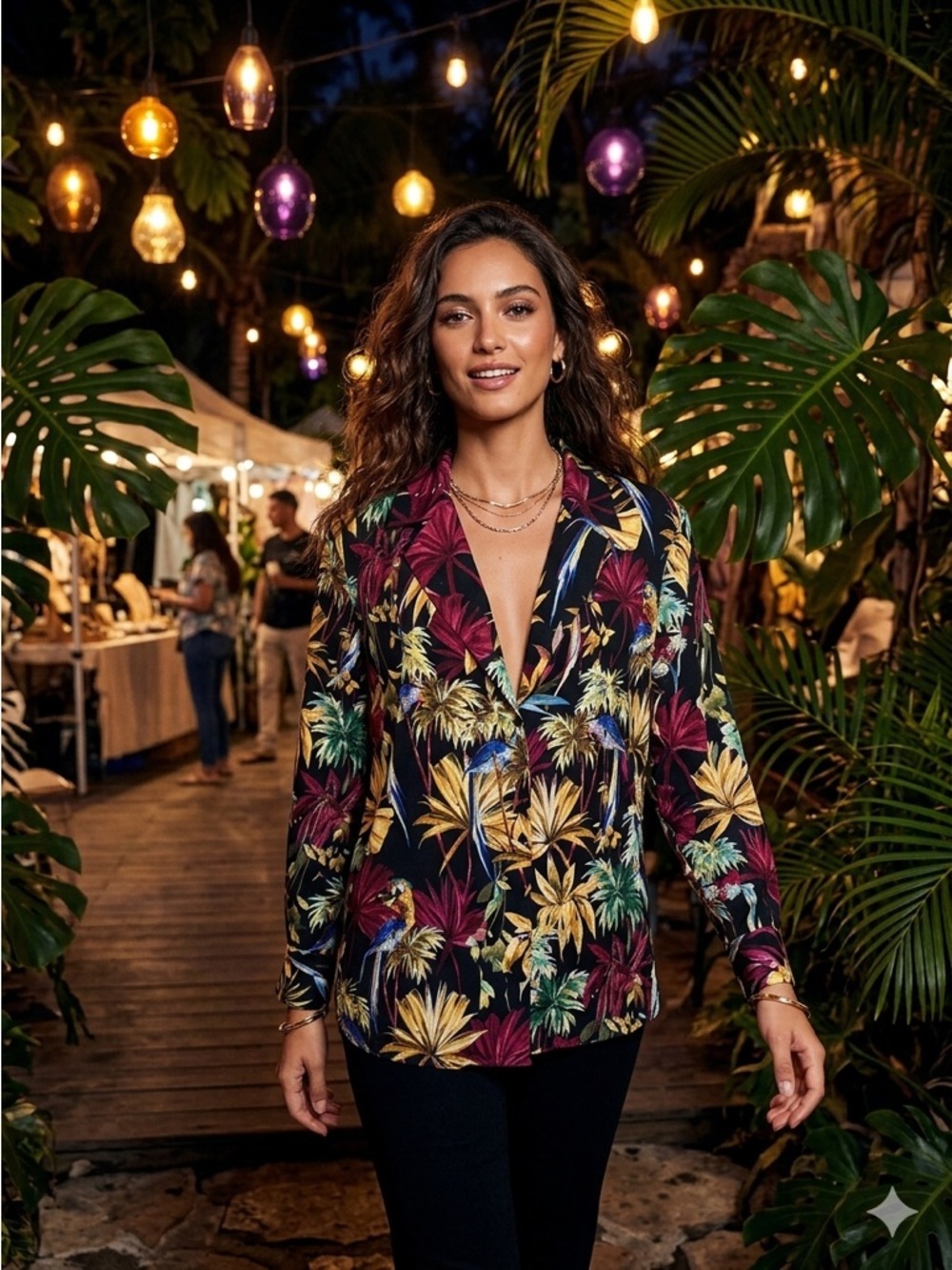 Zara Tropical Night Print Long Sleeve Blouse Size L Burgundy Gold